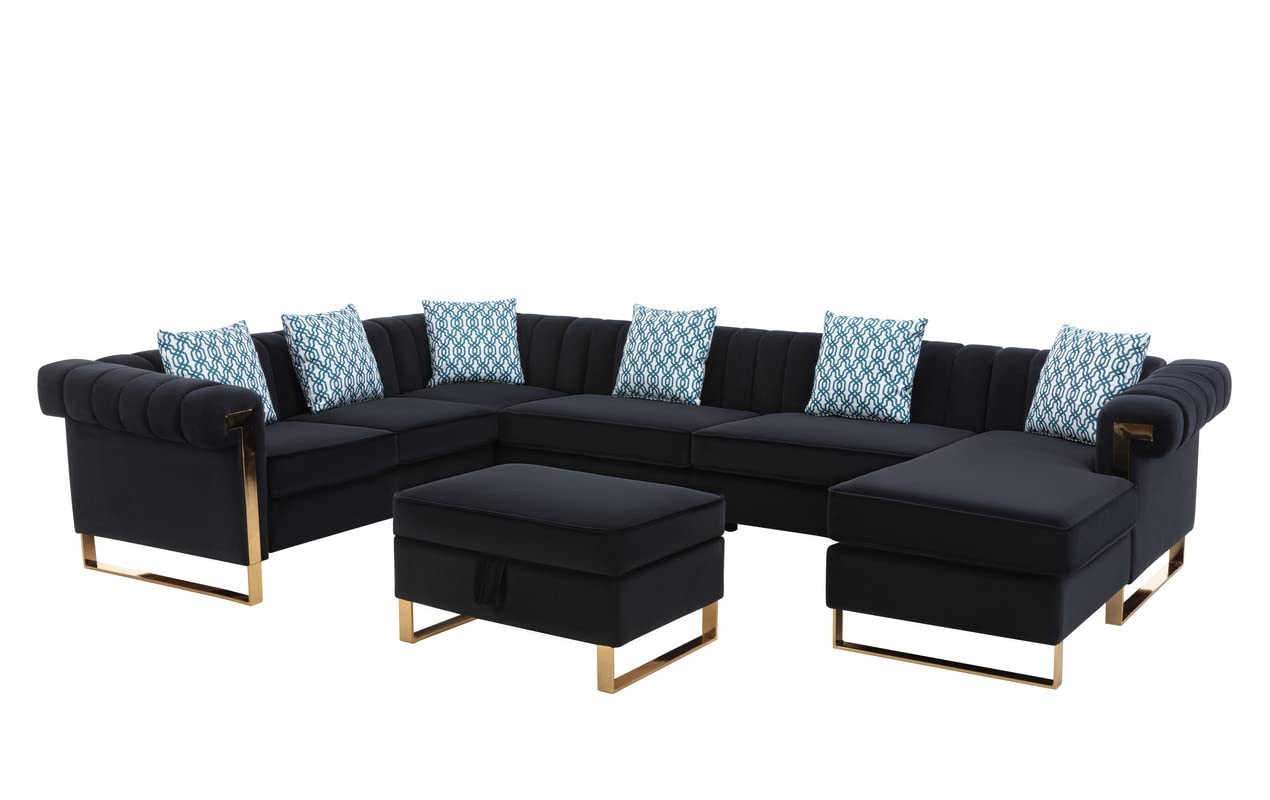 Lilola Home Maddie Black Velvet 7-Seater Sectional Sofa with Reversible Chaise and Storage Ottoman